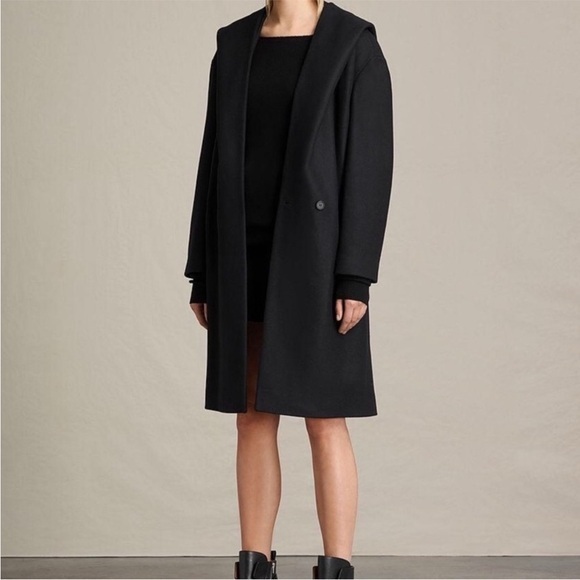 All Saints Coat Scala Hooded in Black Wool